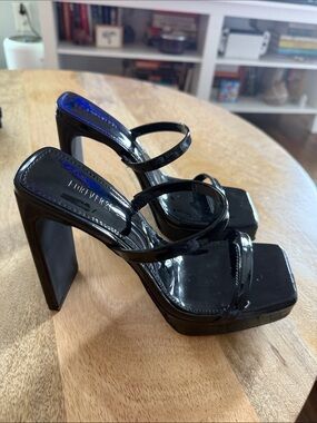 Forever 21 Black Patent Square-Toe Strappy Block Heels